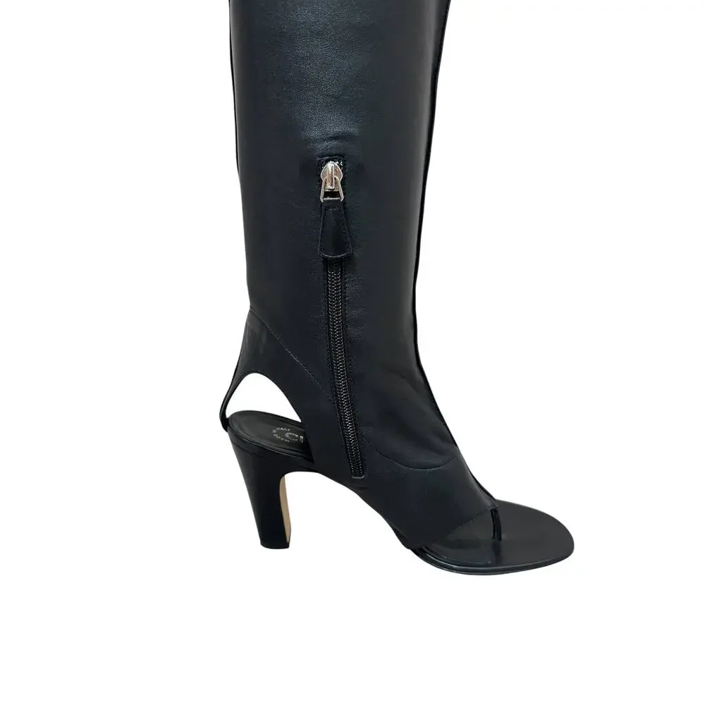 Chanel Black Leather Thong Heeled Sandal Boots 38